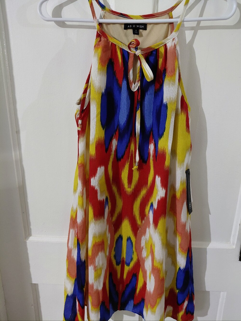 As U Wish Red, Yellow, Blue Ikat Halter Sundress